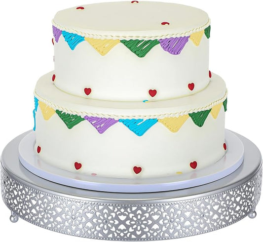 Wenqik Cake Stand 14 Inch Round Metal Cupcake Dessert Wedding Cake Stand Cookies Display Holder Fruit Serving Tray for Table Wedding Birthday Anniversary Party, Silver