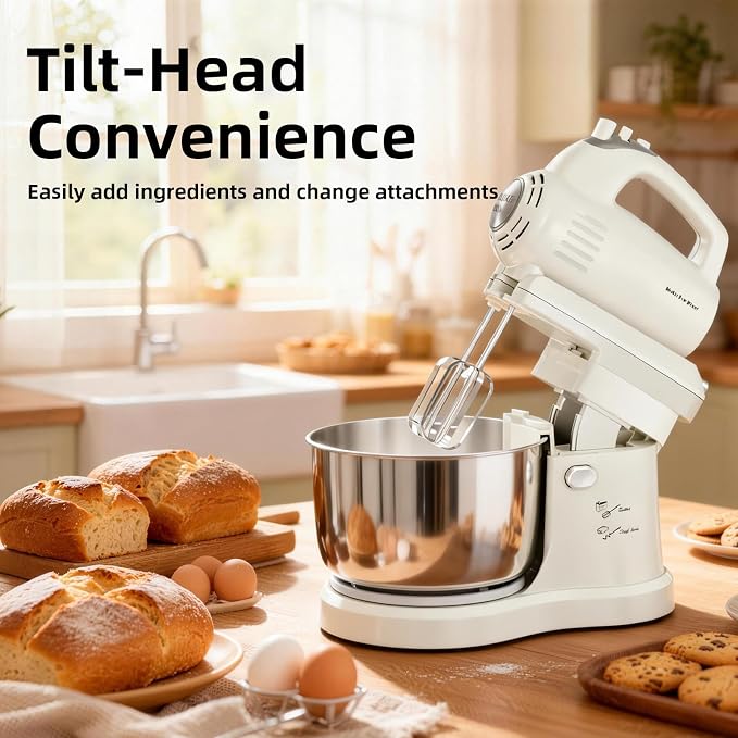 3.2QT 2-in-1 Stand Mixer, Electric Kitchen Mixer with Auto-Rotating Bowl & Tilt-Head, 5-Speed 250W Turbo Baking Machine for Beginners with Beater & Dough Hook for Cookie, Bread, Cake (White)