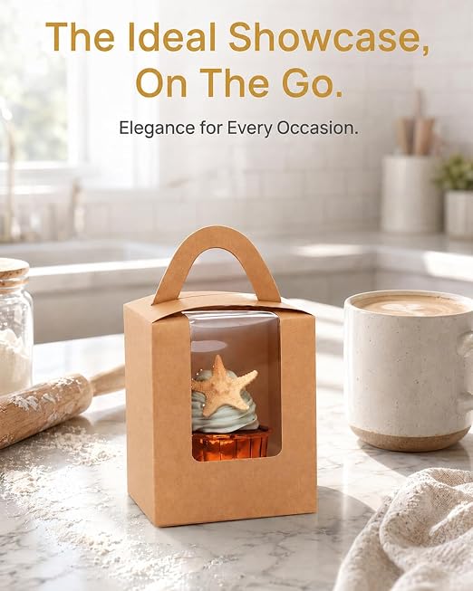 qiqee Auto-pop Brown Cupcake Boxes Individual Disposable 3.7"x3.7"x4.5" 200pcs Cupcake Disposable Single Box with Window