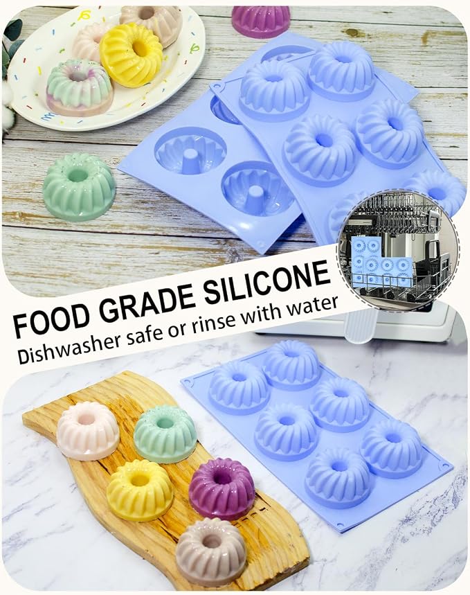 LGQUK Jello Mold, 3pcs Silicone Fluted Tube Cake Pans, 6-Cavity Non Stick Silicone Baking Molds for Cupcake, Donuts,Muffin, Cornbread, Brownie, Jellies (Blue, Fluted Tube)