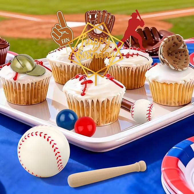 Hooqict 26Pcs Baseball Cake Decorations Set with Mini Balls, Player, Caps, Gloves, Bats, Baseball Birthday Cake Toppers & Cupcake Toppers for Boys Men Sports Themed Birthday Party Decorations Supplies