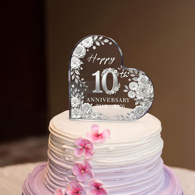 10th Anniversary Cake Topper Acrylic,10 th Anniversary Decorations & Keepsake Gift for Couples（10th Anniversary-Silver Wreath）