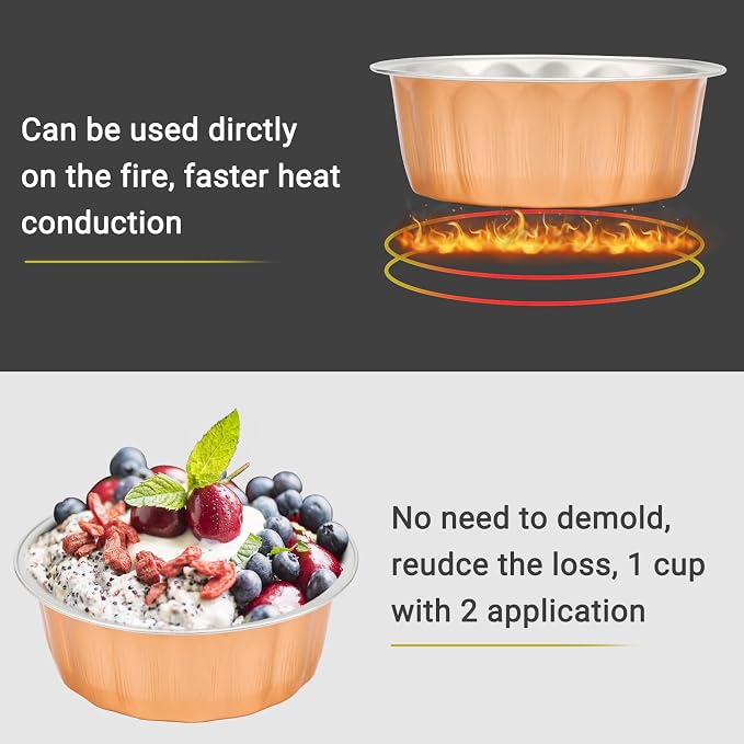 Beasea Disposable Ramekins 8oz, 100 Pack Rose Gold Aluminum Foil Cups with Lids, Disposable Creme Brulee Muffin Cupcake Baking Cup Mini Pudding Cups for Party Wedding Birthday