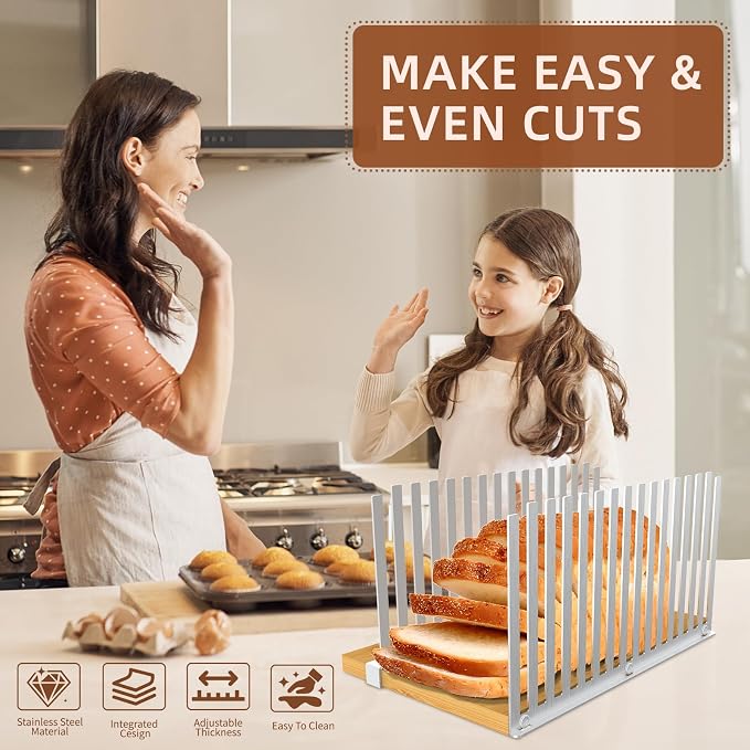 Adjustable Bread Slicer with Suction Cup Base – Perfect for Homemade Sourdough & Sandwich Bread | Portable Bamboo Design for Even Slices, Easy Storage, and Kitchen/Bakery Use