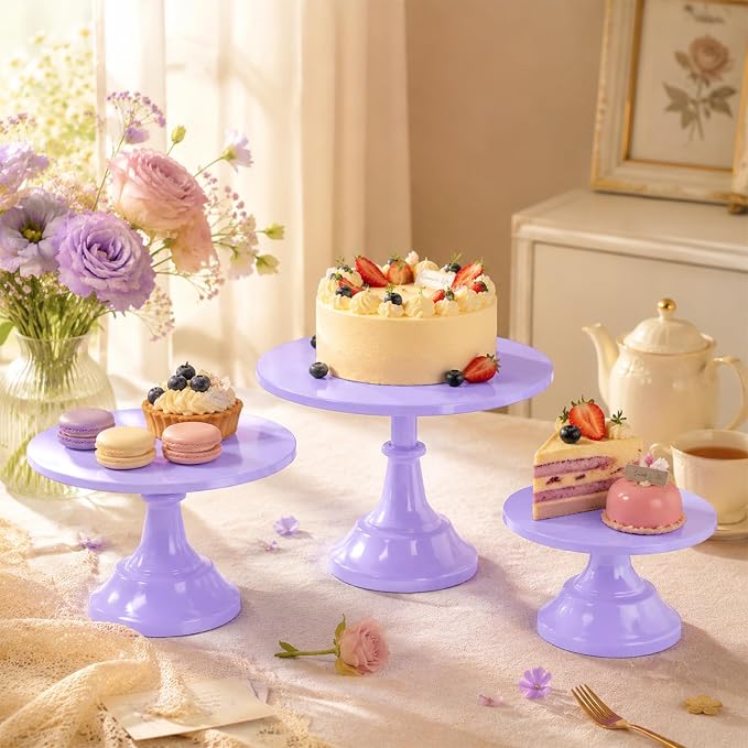 3 Pcs Cake Stand Set Metal Round Cake Holder Cupcake Stands 8/10/12 inch Purple Dessert Display Stands Dessert Table Decorations for Birthday Parties, Baby Shower,Wedding Banquets and Anniversary