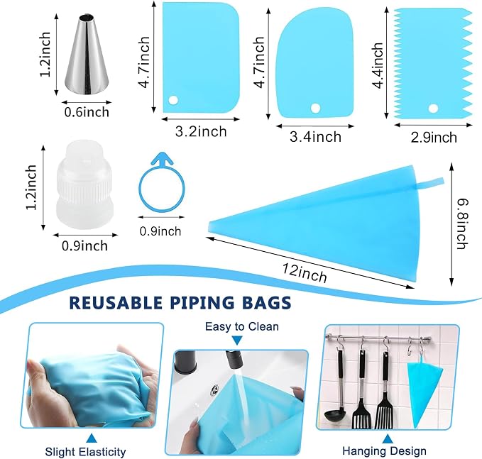Cake Decorating Kit with Piping Bags and Tips Set | 2 Reusable Piping Bags, 24 Icing Tips, 2 Couplers, 3 Scrapers, 2 Silicone Rings