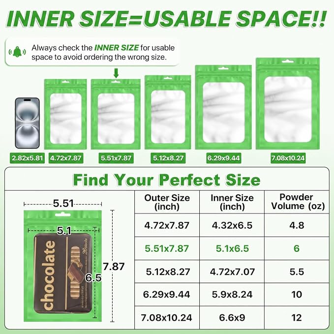 ANZNKU 100 Pack Lime Green Resealable Mylar Bags with Frosted Clear Window 5.51x7.87", Smell Proof Sealable Packaging Bags for Small Business, Foil Pouch Zip Goodie Bag for Candy Treat Jewelry