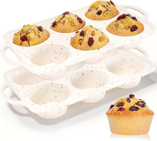 CAKETIME Large Muffin Pan, Metal Reinforced Frame 3.5 Inch Jumbo Silicone Muffin Pan Nonstick 6 Cups for Baking Jumbo Muffin, Frittatas, Jumbo Cupcakes 2 Pack Confetti