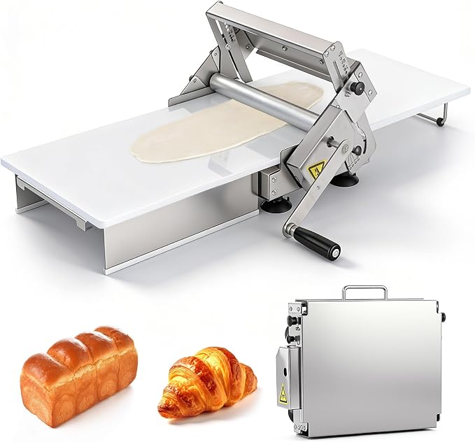 Folding Dough Sheeter Machine, 15.5" Dough Sheeter with 10 Adjustable Thickness Settings (0-17.5mm), Manual Stainless Steel Dough Roller for Home and Commercial Bakeries