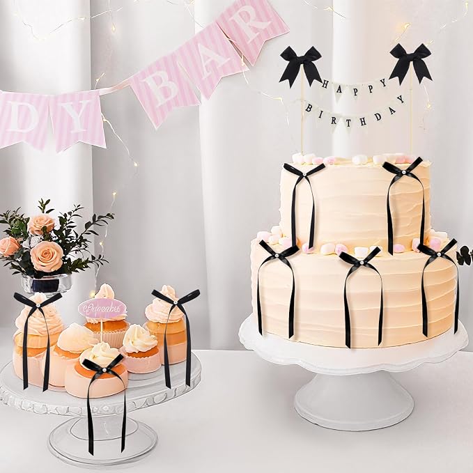 Honeydak 11 Pcs Black Bow Ribbon Cake Topper Happy Birthday Cake Bunting Topper with Wood Pole Handmade Pennant Flags with Bows Ribbon for Birthday, Bridal Party Decoration