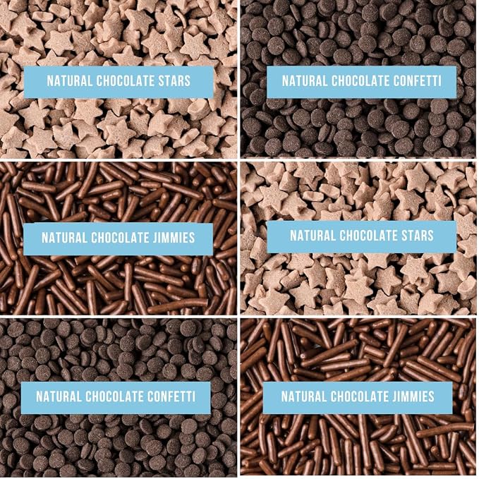 Sweets Indeed Dye Free Chocolate Sprinkles 6 Cell Jar – No Artificial Dyes Quins, Jimmies and Star Sprinkles for Baking & Decorating Cupcakes, Cookies, Cakes & Desserts – 2.75 ounces