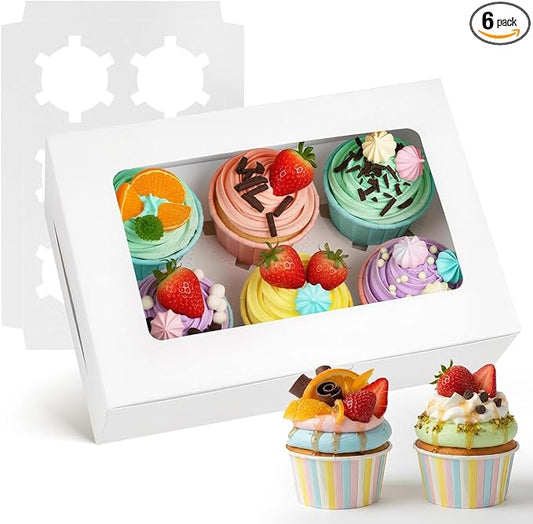 VGOODALL 6PCS White Cupcake Boxes, 6 Count Cupcake Containers with Window Holding 36 Pastry Box for Birthday Holiday Party Bakery Supplies