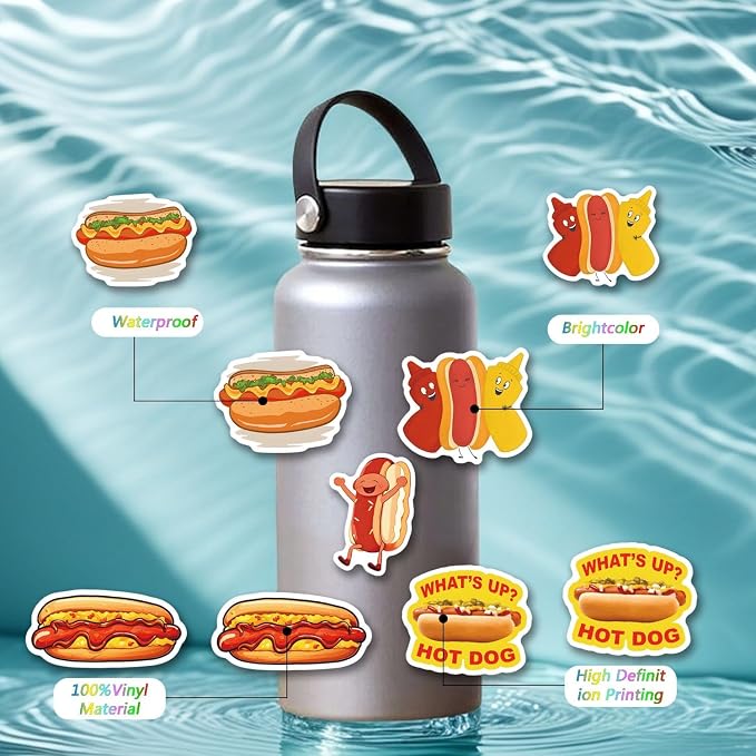 67Pcs Hot Dog Stickers,Delicious Food Party Favors Decorations,Vinyl Hot Dog Decals for Laptop Scrapbook Journal Skateboard GOG Party Favors (67pcs)