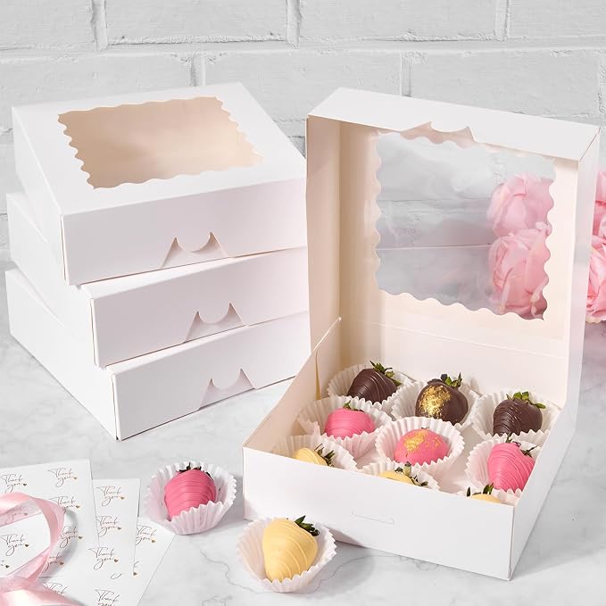 ZORRITA Pie Boxes with Window, 8" x 8" x 2.5", 20 Pack, White | Auto Pop-up, Bakery Boxes, For Chocolate Covered Strawberry, Cookies, Treats, Pastry, Donuts, Muffins