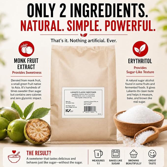 Lakanto Bulk Classic Monk Fruit Sweetener with Erythritol - Bulk White Sugar Substitute, Baking, Extract, Sugar Replacement (Classic White - 20 kg)