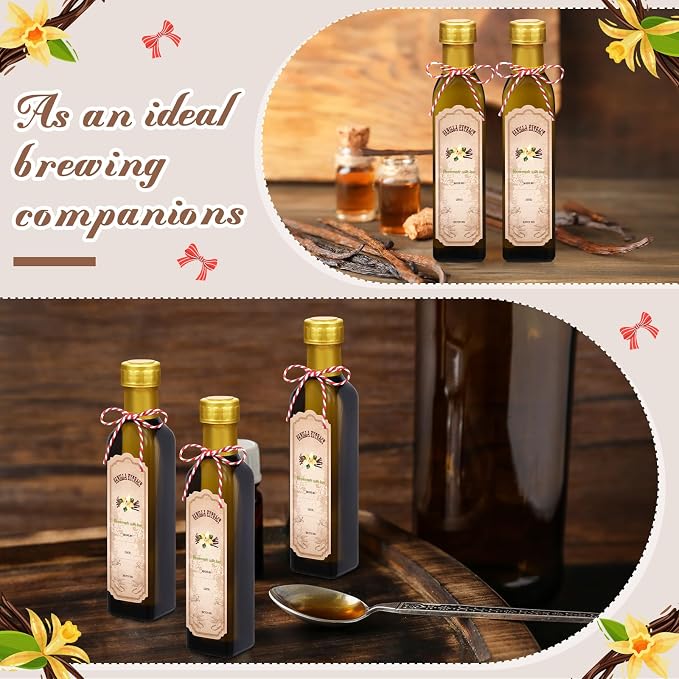 Tioncy 12 Pcs 8.5 oz Vanilla Extract Bottles for Homemade Vanilla Jar Amber Glass Square Bottle with Cap Shrink Band Sticker Syrup Food Storage Canister for Liquid Bean Sauce Spice Gift Giving(Gold)
