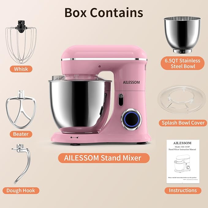 SAMSAIMO 3-IN-1 Electric Stand Mixer, 10-Speed With Pulse Button, Attachments include 6.5QT Bowl, Dough Hook, Beater, Whisk for Most Home Cooks, Sakura Pink