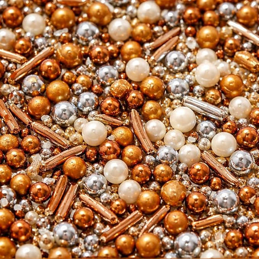 Confect Bronze Metallic Sprinkle Mix – Bake Stable Edible Pearls, Silver & Gold Dragees, Bronze Jimmies for Cake Decorating, Cupcakes, Cookies & Desserts 4.2 oz