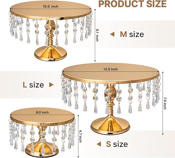 3 PCS Gold Cake Stand Set with Crystal Pendants - Dessert Table Display Set, Dazzling Metal Cake Holder Stand for Wedding, Party, Birthday, Baby Shower, Event Bridal Celebration