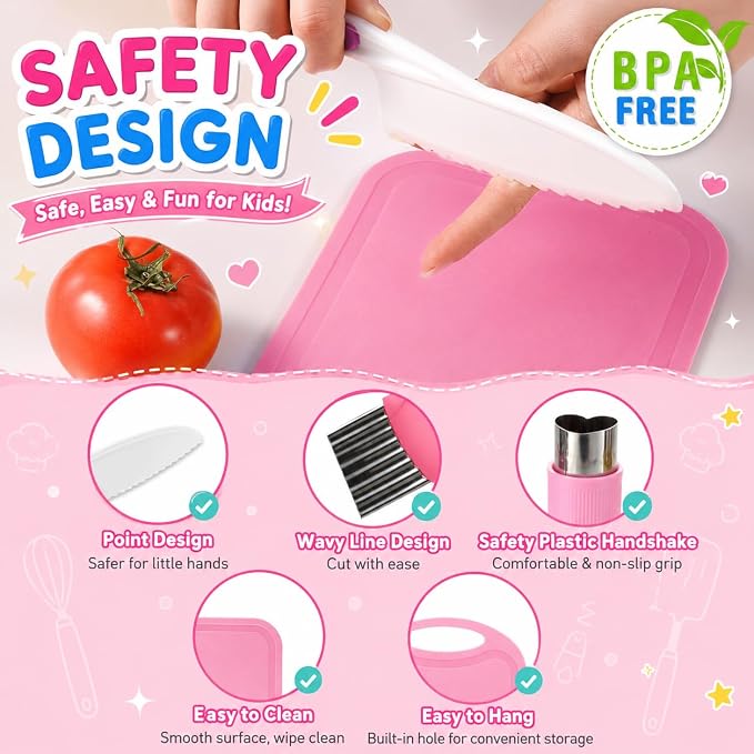 Carolart Kids Cooking Sets Real with Knife, Kids Baking Set for Girls | Montessori kitchen tools with safe knives, hat and apron,chef set gift for girls