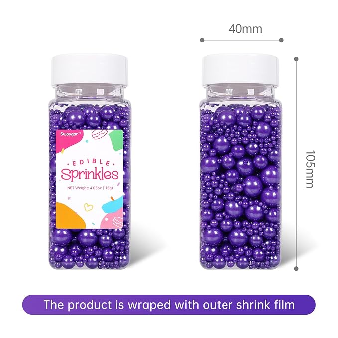 Purple Sprinkles for Cake Decorating, Edible Pearl Sprinkles for Cupcake Toppers Baking Decorations Cookie Lover Birthday Celebrations Wedding Shower Party, 4.05oz