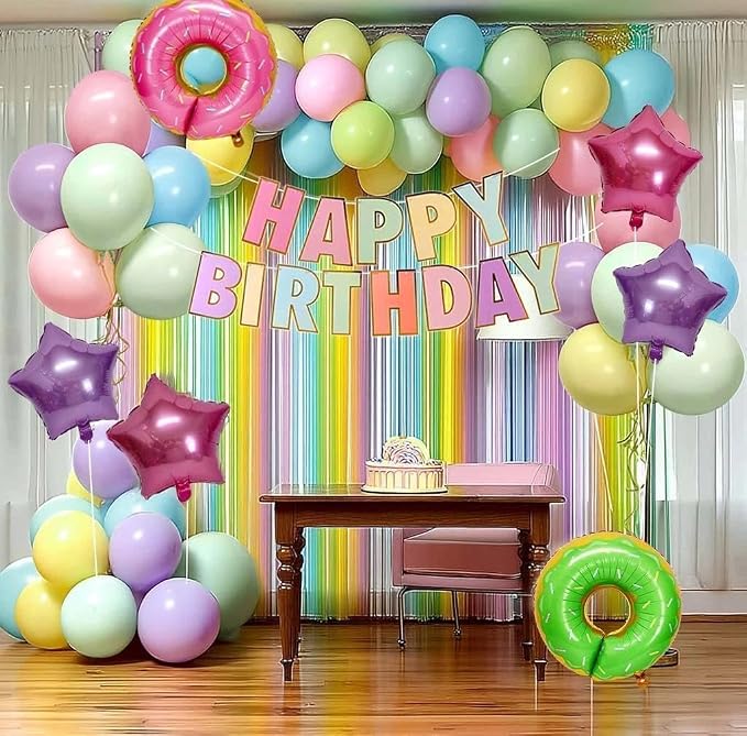 Pastel Birthday Decoration Kit Happy Birthday Banner Macaron Fringe Curtains Green Pink Candy Donut Star Foil Balloon Rainbow Colorful Double Stuffed Balloons for Girls Baby Shower Easter Party Decor