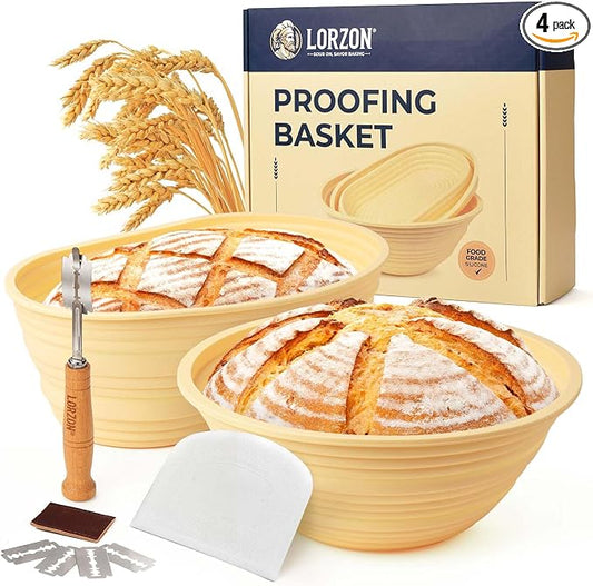 Lorzon Silicone Banneton Bread Proofing Baskets Set of 2, 9" Round & 10" Oval Foldable Sourdough Proofing Baskets with Sourdough Bread Baking Supplies, Including Bread Lame, Dough Scraper