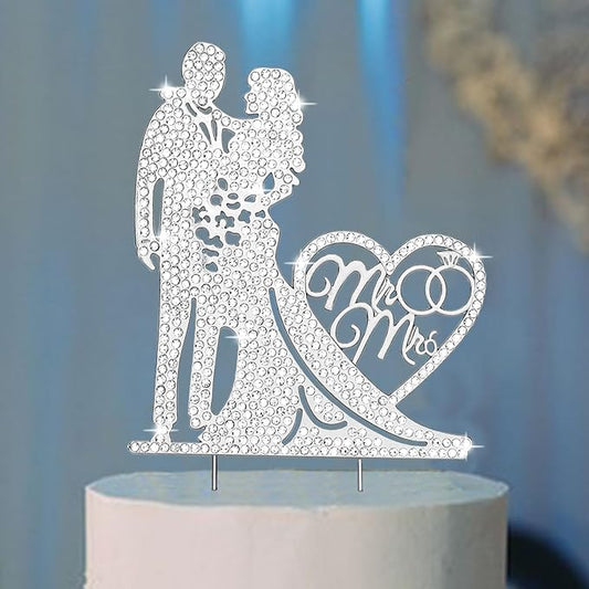 Jaciya Wedding Cake Topper Rhinestone Mr and Mrs Cake Topper Bride and Groom Bridal Shower Party Metal Silver Wedding Decorations Supplies
