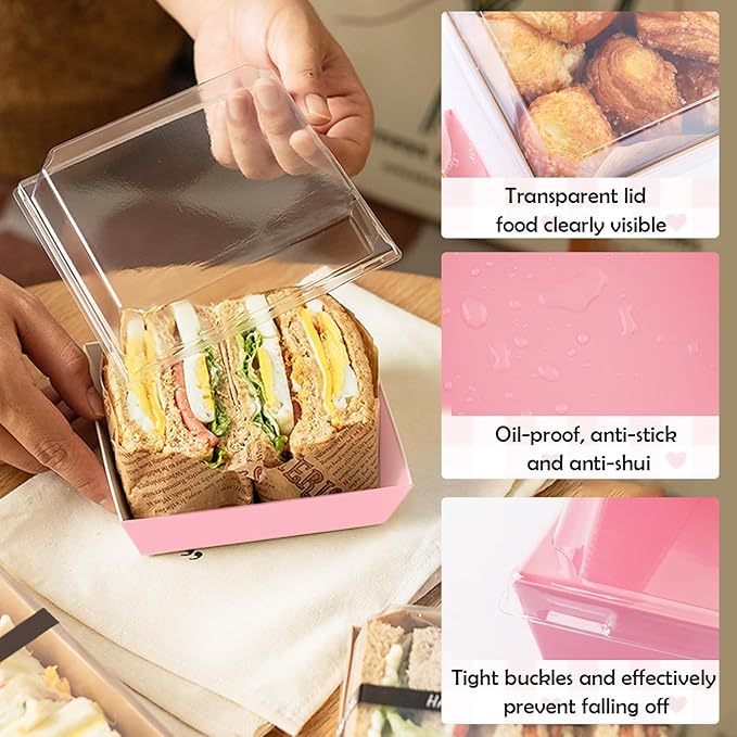 BUIYLV 50 Pack Charcuterie Boxes with Clear Lids, 4 Inches Pink Dessert Boxes To Go Disposable Mini Charcuterie Boxes for Cookie, Sandwich, Strawberry, Cupcake, Macaron, Cake Slice