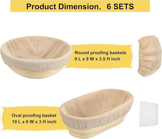 Geetery 6 Pack Bread Banneton Proofing Baskets 10 Inch Oval and 9 Inch Round Rattan Sourdough Baskets Dough Proofing Bowls with Liners and Dough Scraper for Home Sourdough Bread Baking Supplies