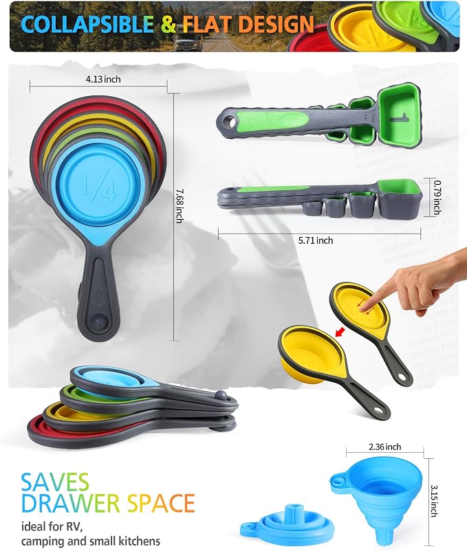 Measuring Cups and Spoons set, Collapsible Measuring Cups, 8 piece Measuring Tool Engraved Metric/US Markings for Liquid & Dry Measuring, Space Saving, BPA Free Silicone, Colorful