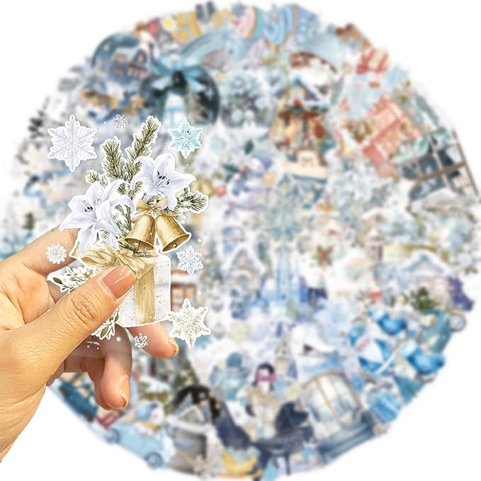 50 Pcs PET Transparent Cartoon Winter Stickers, Waterproof Vinyl Winter-Themed Decals for Laptop Skateboard Luggage, Snowy Scene Stickers Gift for Kids Teens Adults (Winter Day)