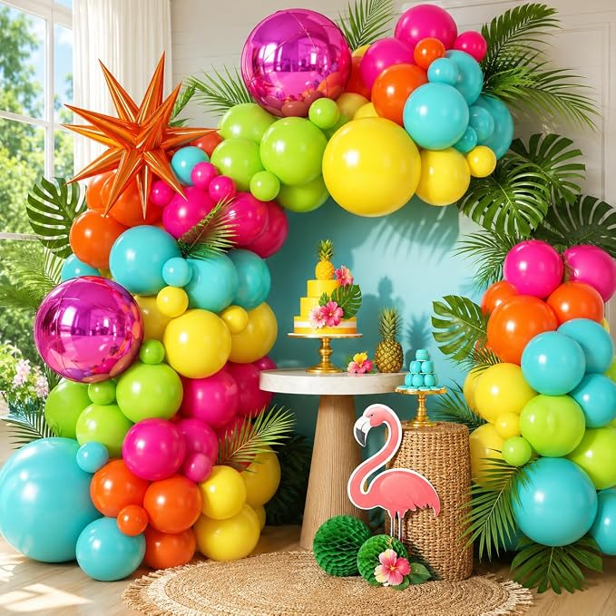 Tropical Balloon Arch Kit, Hot Pink Orange Yellow Green Teal Blue Tropical Balloon Garland with Orange Star Foil and Pink 4D Round Balloons for Hawaiian Luau Summer Party Decorations Birthday Decor