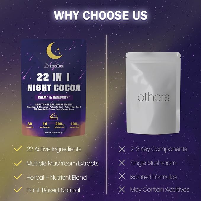 Mushroom Hot Cocoa, Melatonin-Free Natural Herbal Sleep Powder with Jujube Seed, Magnesium Glycinate, GABA, L-Theanine & 14 Mushroom Extracts | Calm, Relaxation & Immune | hot chocolate, 30 Servings