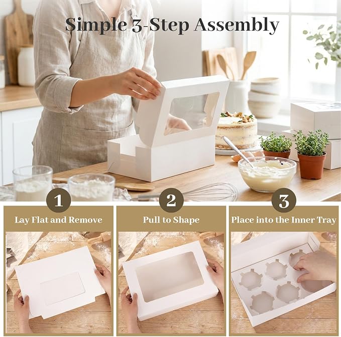 VGOODALL 6 Count White Cupcake Boxes, 15 Pack Cupcake Containers, 9.5 x 6.3 x 3 inches, Holding 90 Pastry Box for Birthday Holiday Party Bakery Supplies