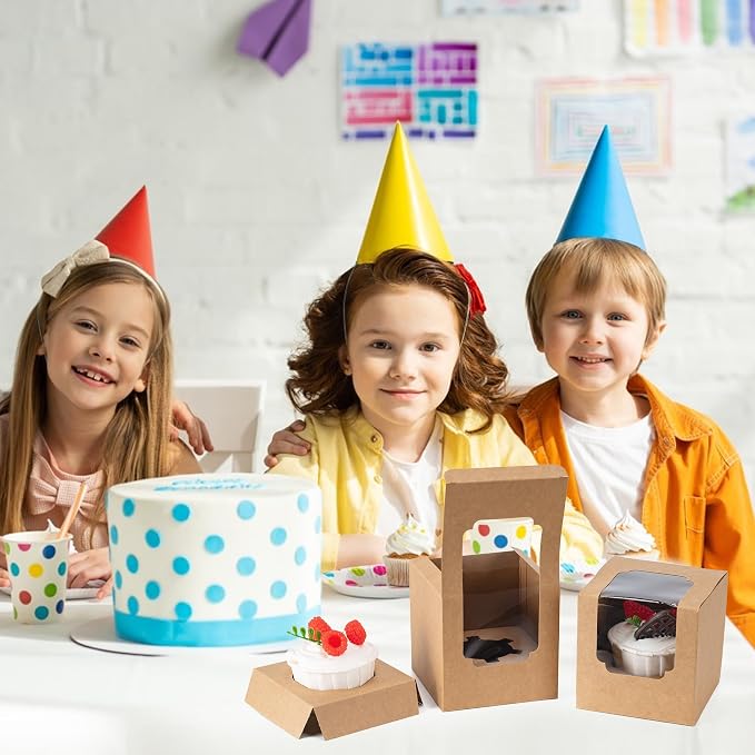 BOOMIBOO 75 Pack Individual Cupcake Containers, Cupcake Boxes with Window, Food Grade Cupcake Holders with Inserts, Stackable Deep Cupcake Carrier (Brown)
