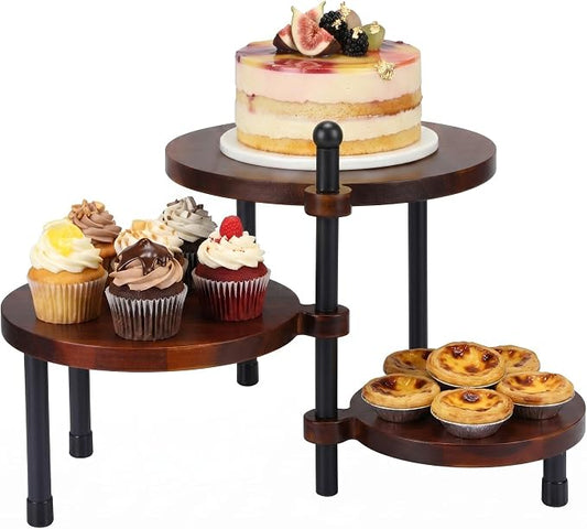3 Tier Cupcake Stand Wood Cake Stand 360° Rotating Acacia Wood Dessert Table Display Set with Iron Base Rustic Tiered Serving Tray for Wedding Birthday Baby Shower Tea Party