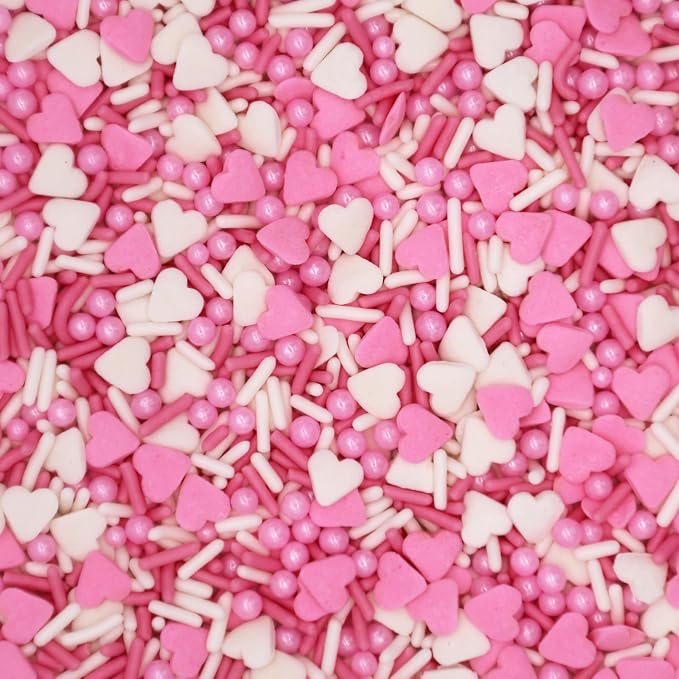 PhilaeEC Vanlentine Sprinkle Edible for Cake Decoration Pink and White Heart Confetti Jimmies Peals Mix Cake Baking Cookie Cupcake Toppers Decoration Vanlentine Wedding Supplies