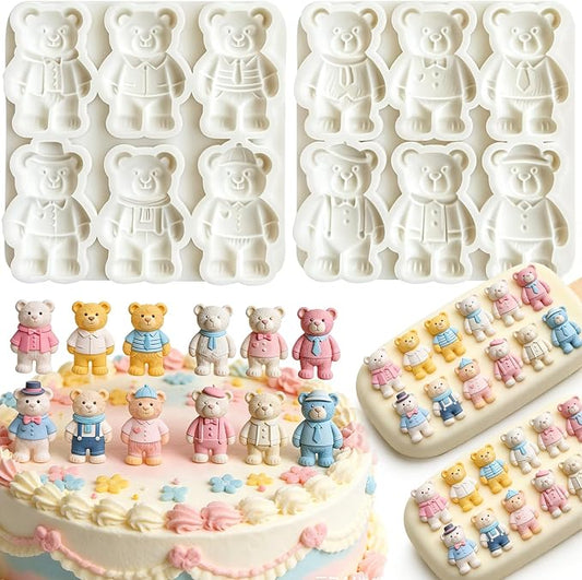 2Pcs 6-Cavity Dressed Bear Silicone Fondant Mold Teddy Bear Candy Molds for Cake Decorating, Cupcake Toppers, Chocolate, Polymer Clay, Jelly, Lollipop, Gender Reveal Desserts