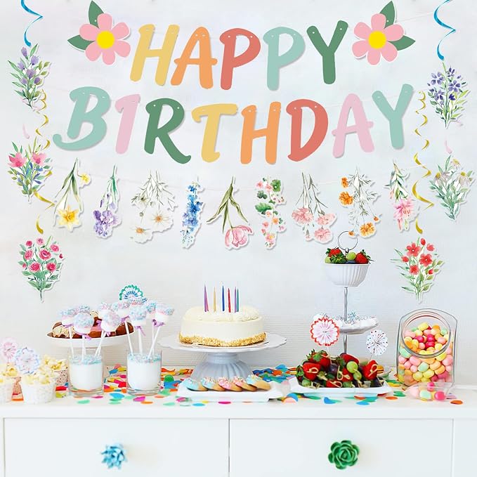 Zwiebeco Multicolored Flowers Happy Birthday Banner Bunting Hanging Paper Swirls Garland Party Decorations for Spring Summer Themed Boys Girls Kids Baby Shower Bday Decor Accessories Supplies