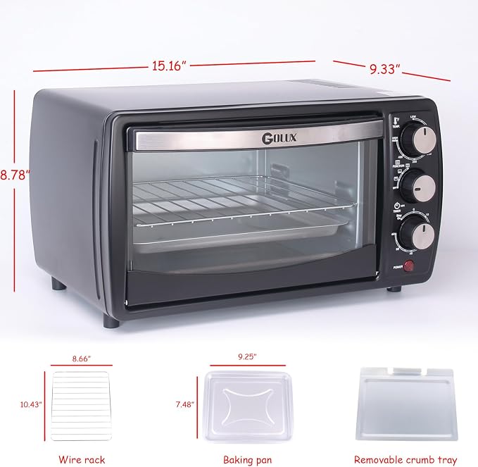 GT12 Black Countertop Toaster Oven, 12L Compact Small Oven, 1200W, Fits 4 Slices, 4 Cooking Modes, 60-Min Timer & Adjustable Temperature, For Toast, Bake & Broil, Ideal for Apartment & Dorm