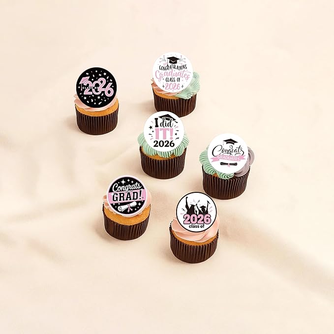 63 PCS Edible 2026 Graduation Cupcake Toppers Diploma Congrats 2026 Grad Cap Class of 2026 Cupcake Picks for Congratulations 2026 Graduations Theme Party Cake Decorations Supplies Pink