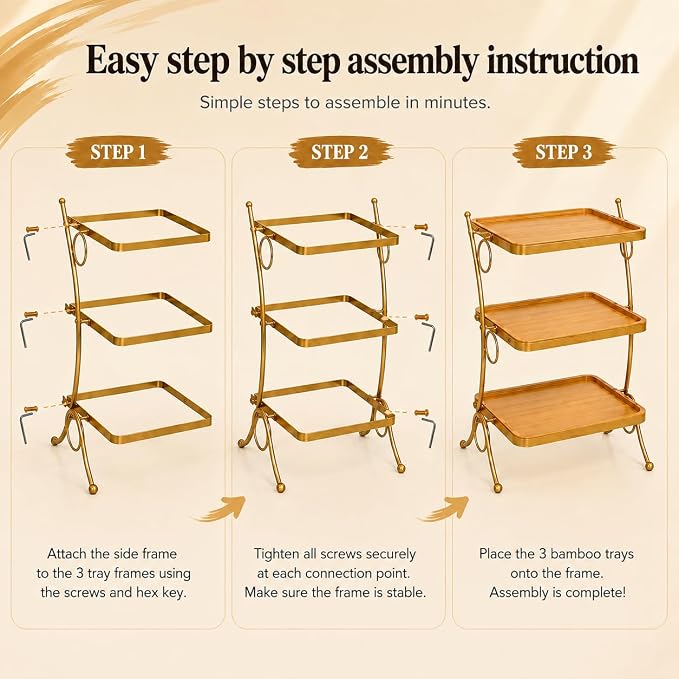 Wooden 3 Tier Serving Stand- Bamboo & Gold Tiered Dessert Tray for Party, Cupcakes, Cake Display, Wedding Reception, Food Serving Platter