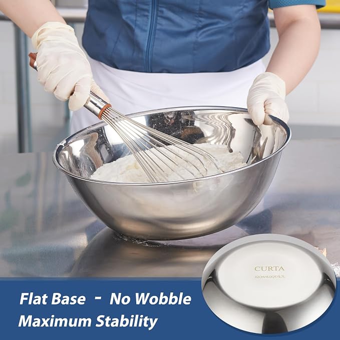 CURTA Stainless Steel Mixing Bowls Set of 5, Heavy Duty Nesting Metal Bowls with Flat Base, 0.6 to 6 QT Kitchen Prep Bowls for Baking, Cooking, Salad Mixing & Bread Dough Kneading