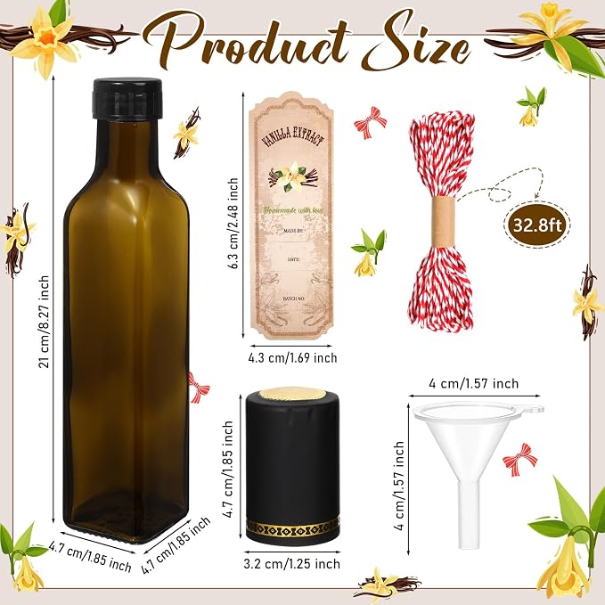 Tioncy 12 Pcs 8.5 oz Vanilla Extract Bottles for Homemade Vanilla Jar Amber Glass Square Bottle with Cap Shrink Band Sticker Syrup Food Storage Canister for Liquid Bean Sauce Spice Gift Giving(Black)