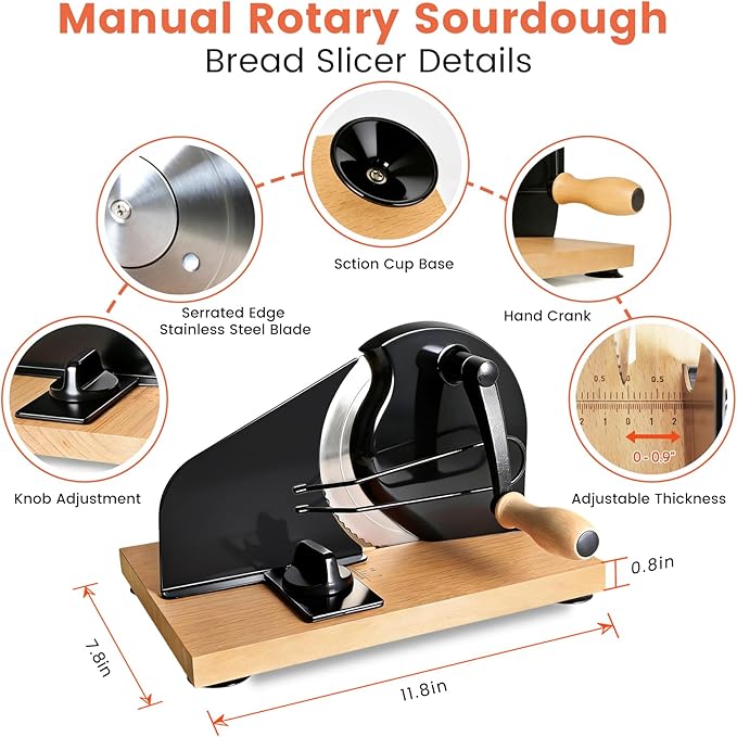 Bread Slicer for Homemade Sourdough Bread,Manual Slicer Making Tools,Adjustable Thickness Knive Cutter with Hand Crank for Sandwich with Scale Line Suction Base,Sharp Stainless Steel Blade (Black)