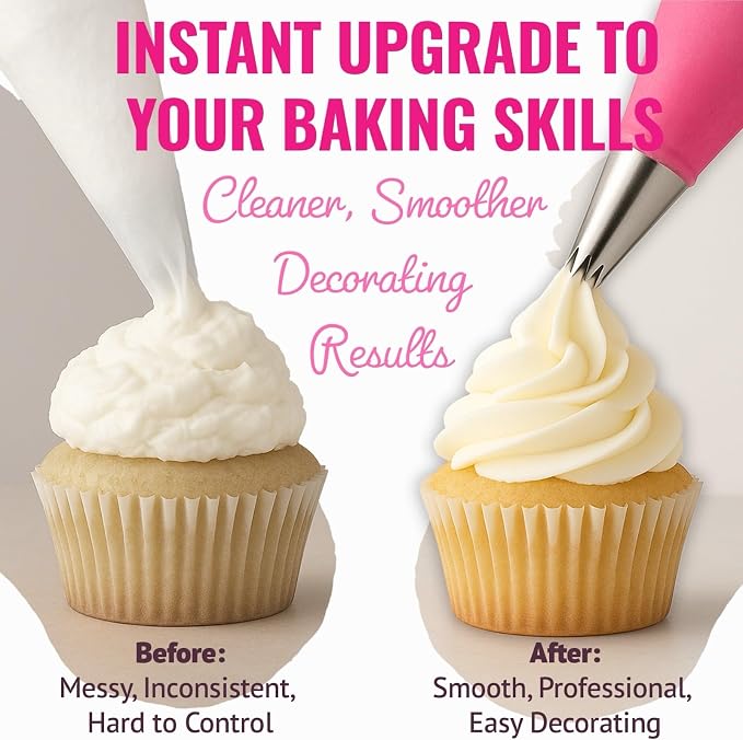 Piping Bags and Tips Set, 21 Piece Reusable Cake Decorating Kit with 14 Stainless Steel Nozzles, 2 Silicone Piping Bags, 2 Couplers and 3 Scrapers for Cupcaskes, Cookies & Icing