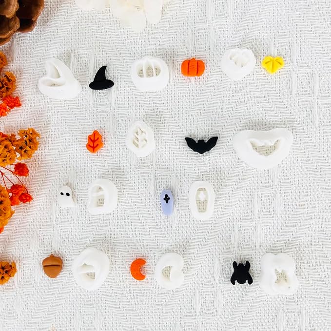 Xaekicr Halloween Polymer Clay Cutters Set - 10Pcs Clay Cutters for Polymer Clay Jewelry, Small Size Clay Tools for Earrings DIY, Fall Pumpkin Bat Witch Hat Molds