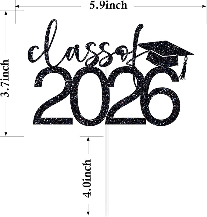 Class of 2026 Cake Topper, Congrats 2026 Cake Décor, Congrats Grad, Happy Graduation, High School/Senior/University Graduation Party Decorations Black Glitter