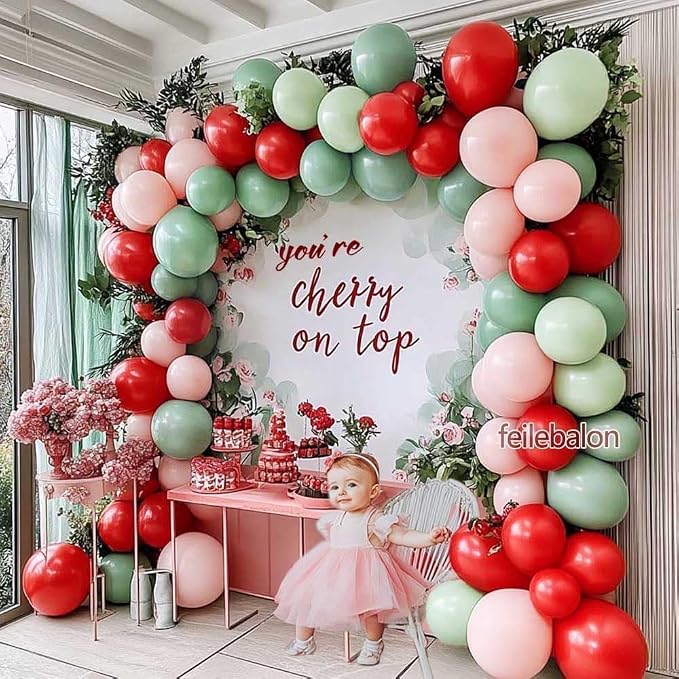 Red Pink Green Balloon Arch Double Stuffed Dusty Green, Ruby Red, Pastel Pink Balloon Garland Kit for Cherry on Top Birthday Mothers Day Baby Shower Wedding Summer Party Decoration